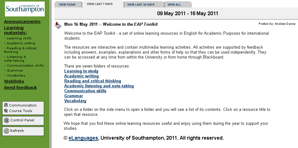 Blackboard 8 version of the homepage Blackboard 8 version of the homepage